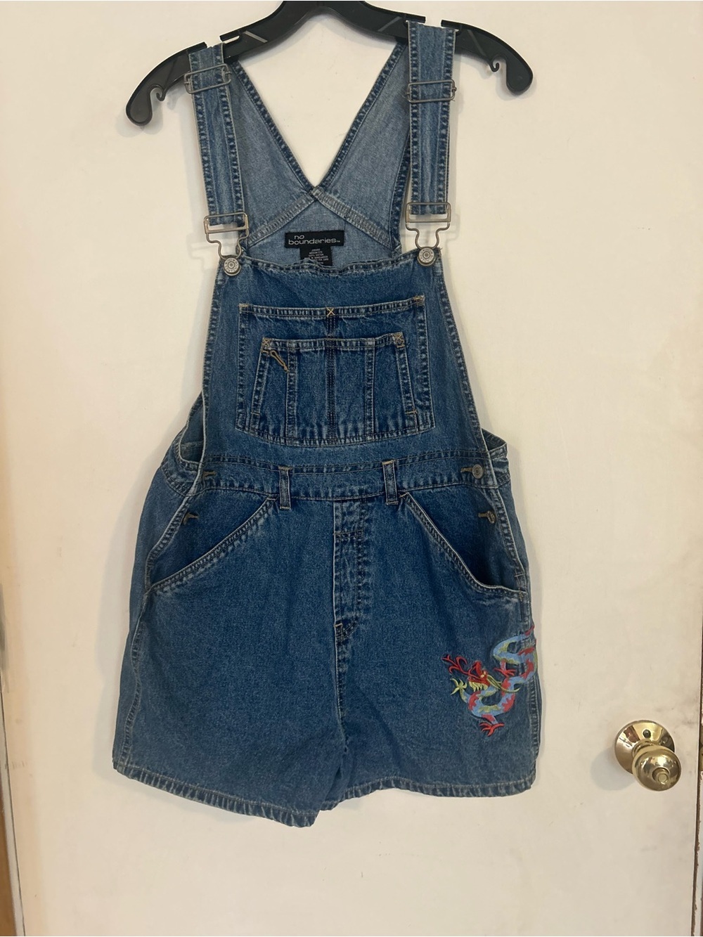 No Boundaries Y2K Blue Denim Short Overalls with Embroidered Dragon